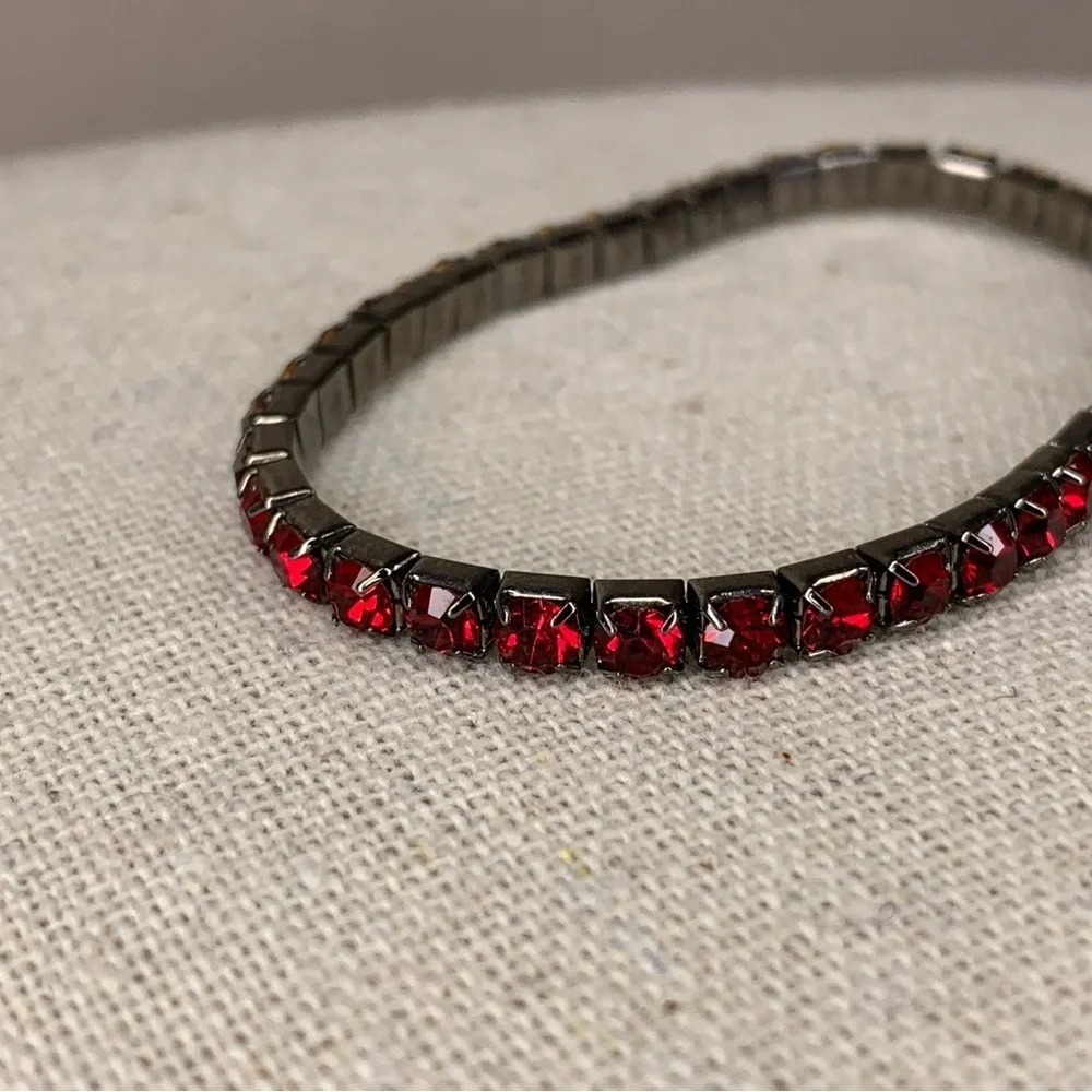 Vintage Silver Red Stretch Tennis Bracelet Formal Glam Goth Ruby Crystal